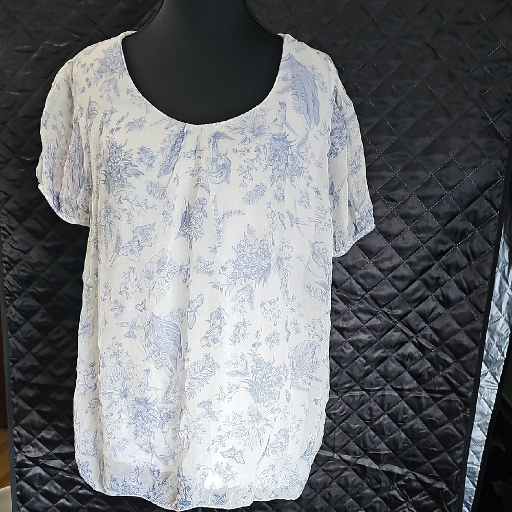 Italian Silk Elena Baidi Floral Blue and White Women's Top